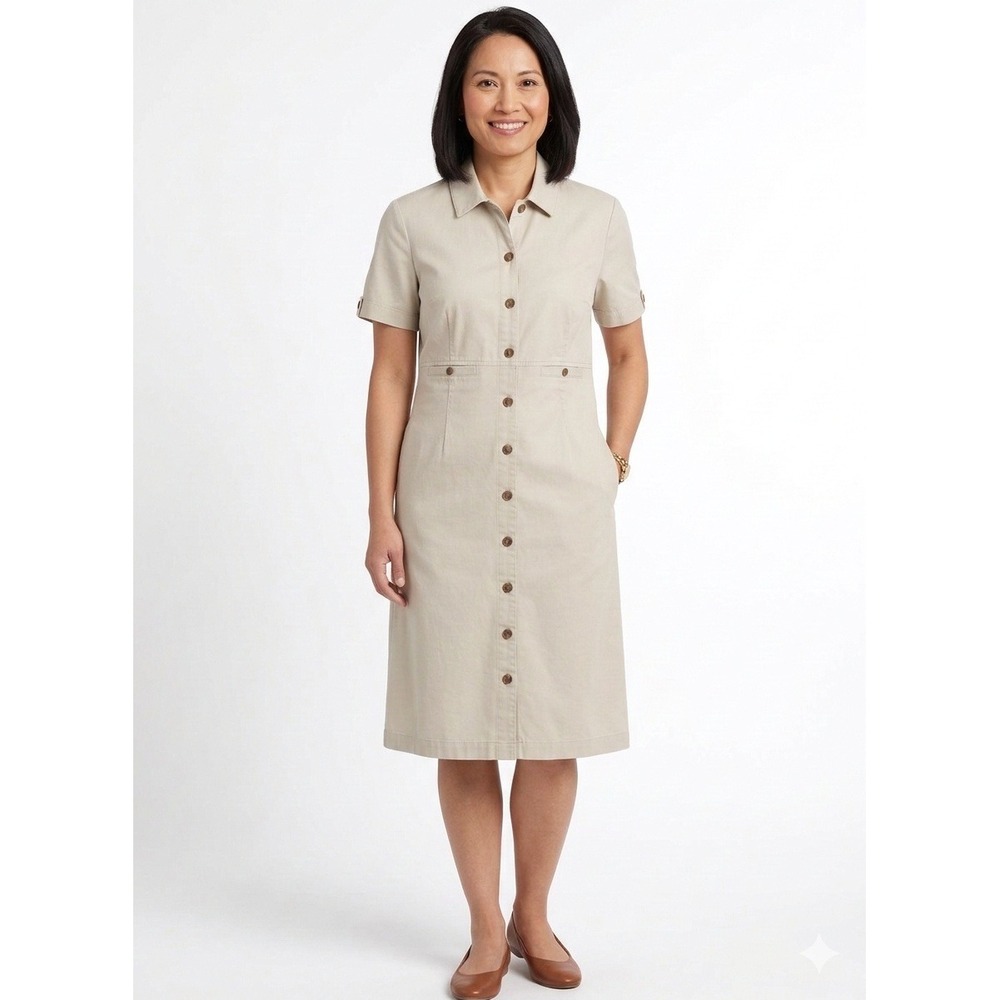 Appleseed's Shirt Dress Womens‎ 12P Tan Khaki Short Sleeve Tencel Cotton Midi
